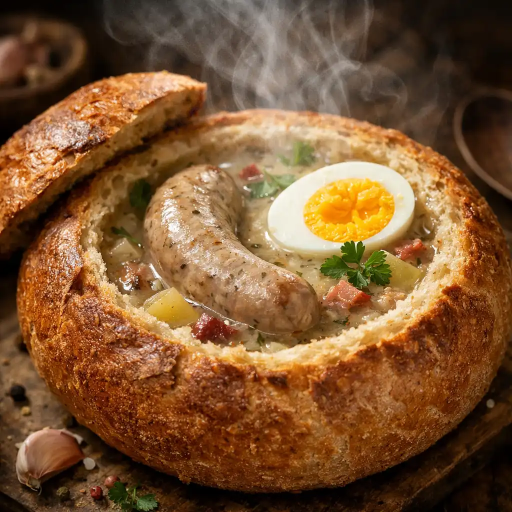 Żurek na zakwasie z białą kiełbasą i jajkiem podany w chlebie