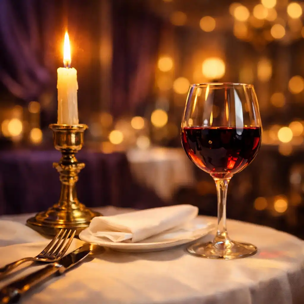 Stolik restauracyjny z białym obrusem, świecznikiem i kieliszkiem wina w ciepłym świetle