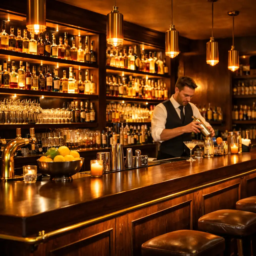Bar w restauracji z podświetlanymi półkami pełnymi butelek i barmanem w tle