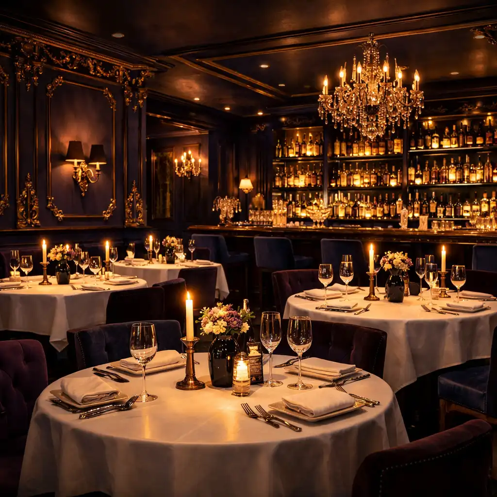 Eleganckie wnętrze restauracji Savory Lounge z ciepłym, przygaszonym światłem i złotymi ornamentami