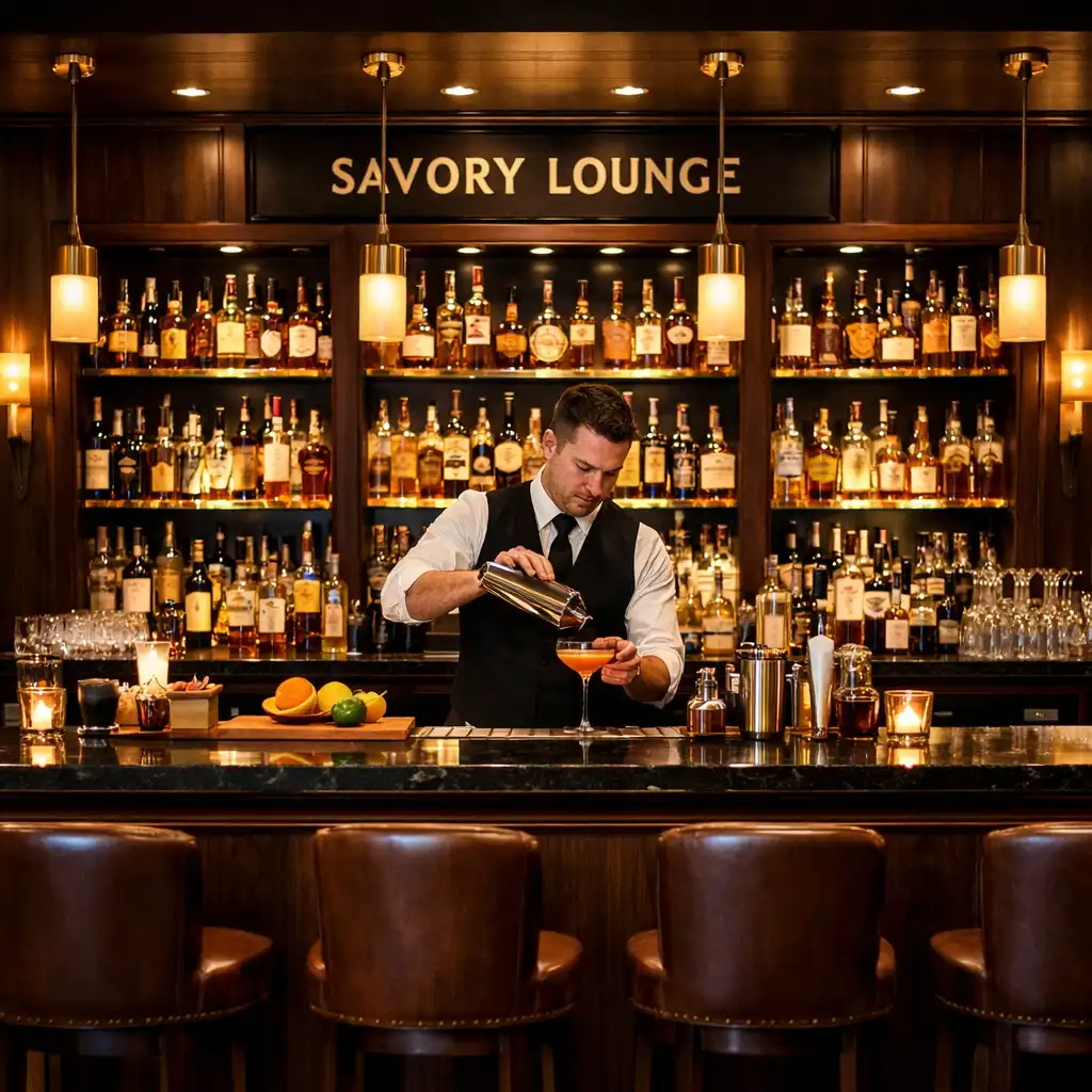 Główna sala restauracji Savory Lounge z widokiem na stoliki i bar, ciemne drewno i złote akcenty