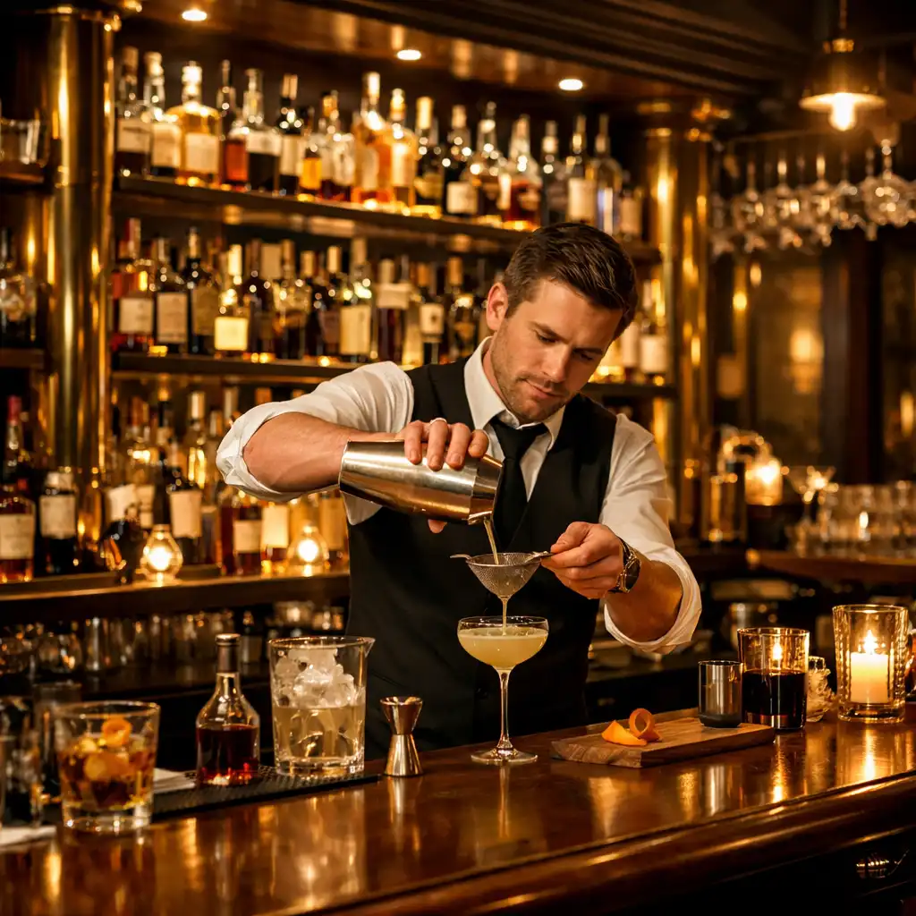 Podświetlany bar z ciemnym drewnem i złotymi detalami w Savory Lounge
