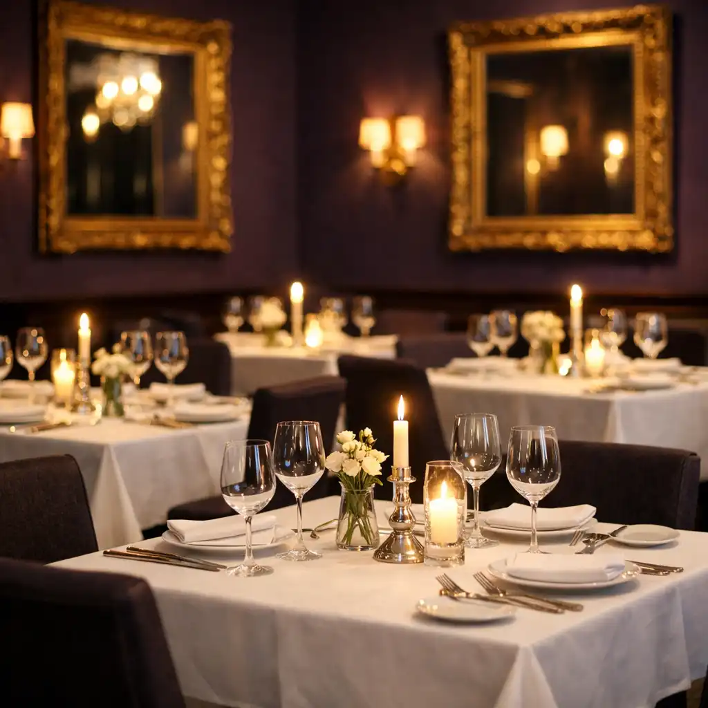 Sala jadalna z nakrytymi stołami i świecami w Savory Lounge