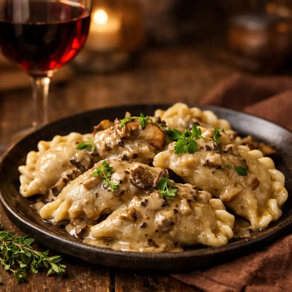 Ręcznie lepione pierogi z dziczyzną w sosie grzybowym na ciemnym talerzu