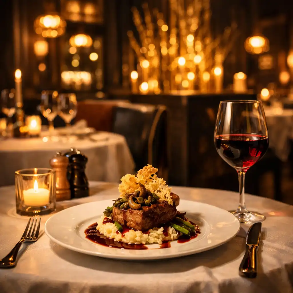 Eleganckie wnętrze restauracji z nakrytym stołem i nastrojowym oświetleniem