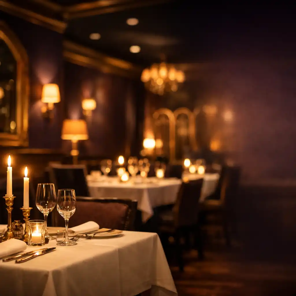 Eleganckie wnętrze restauracji Savory Lounge nocą z ciepłym światłem i nakrytymi stołami