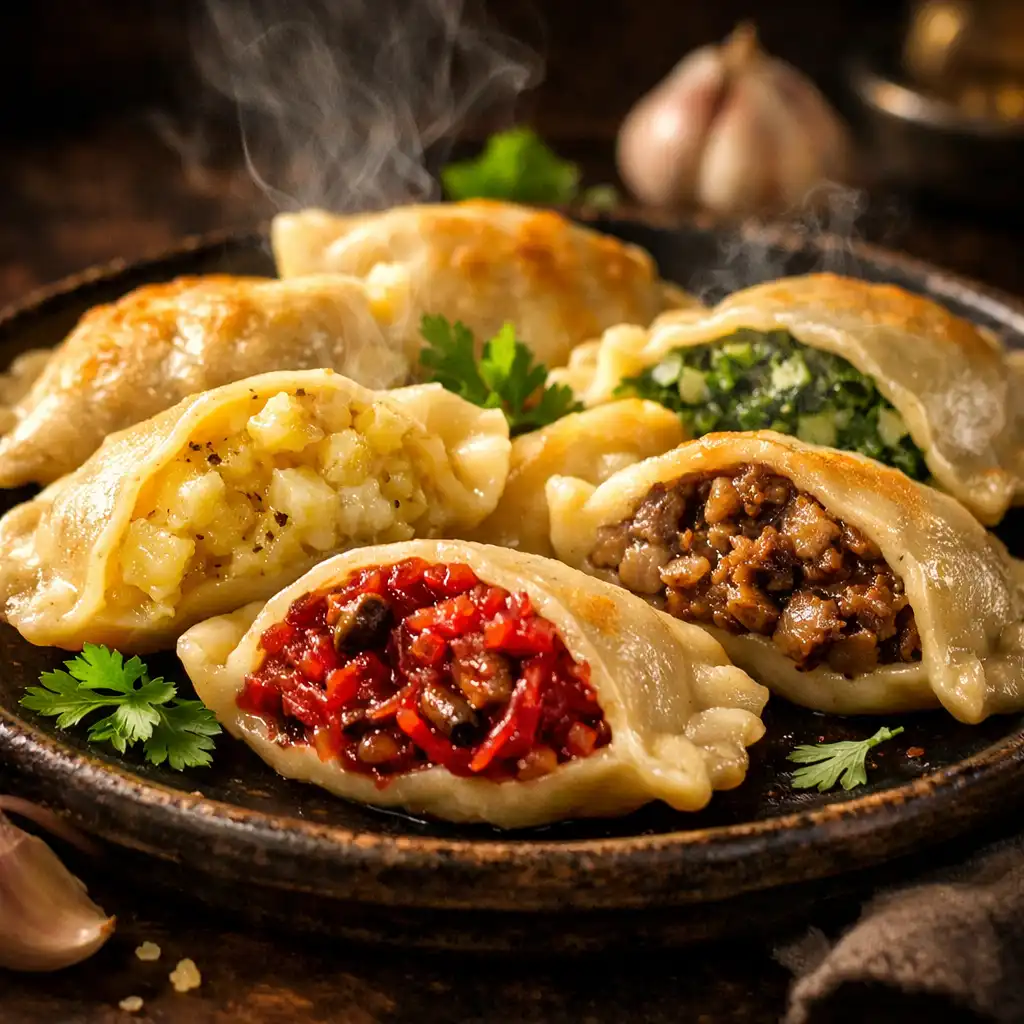 Apetyczne polskie pierogi z różnymi nadzieniami na ciemnym talerzu, podane z ziołami