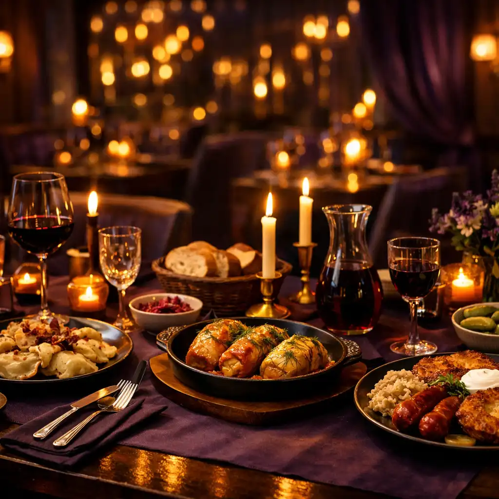 Elegancko nakryty stół w ciemnym wnętrzu Savory Lounge z polskimi daniami i złotym światłem