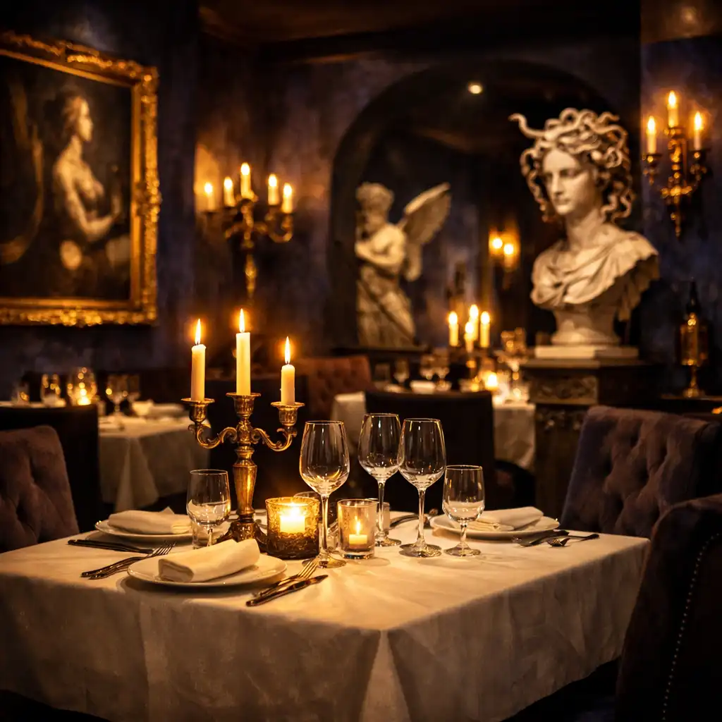 Eleganckie wnętrze restauracji Savory Lounge z ciemnymi ścianami, złotymi akcentami i nakrytym stołem