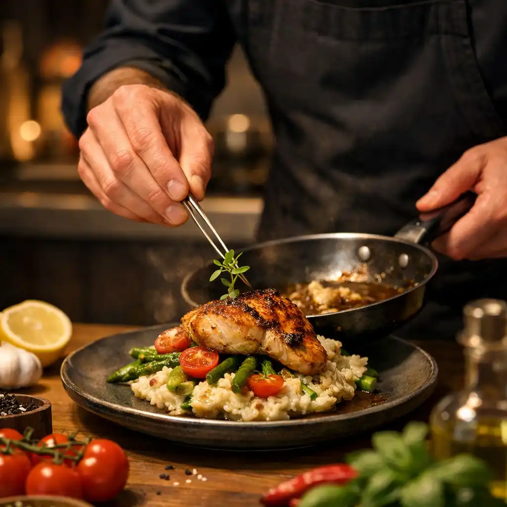 Szef kuchni Savory Lounge przygotowuje danie z sezonowych składników