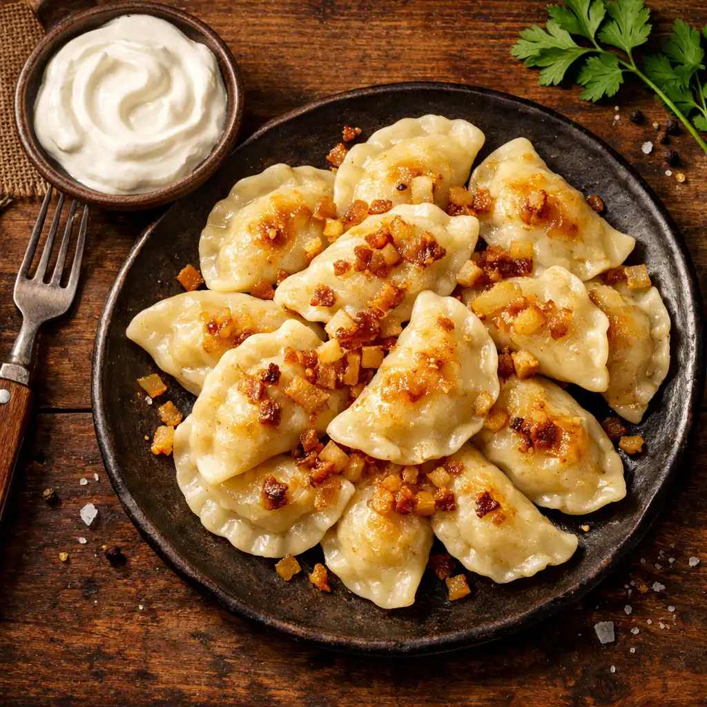 Ręcznie lepione pierogi ruskie z cebulką i śmietaną