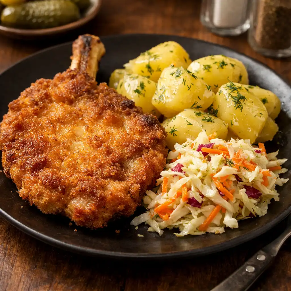 Kotlet schabowy z kością z ziemniakami i surówką