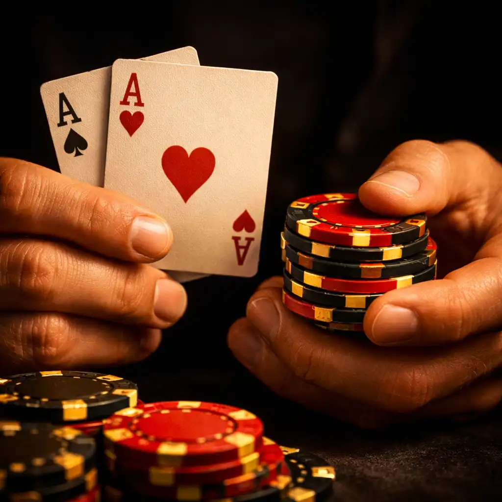 Zbliżenie na dłonie trzymające karty i żetony pokerowe