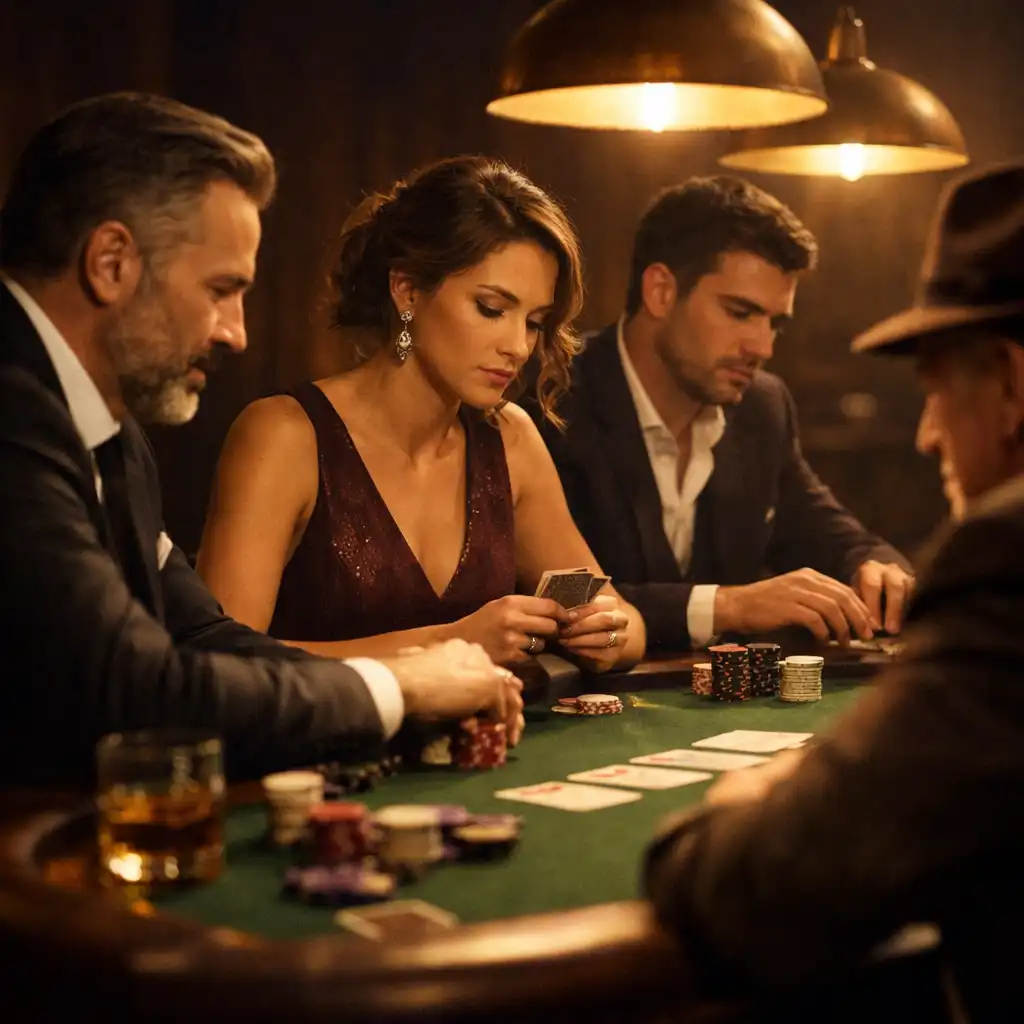 Elegancko ubrani gracze skupieni przy stole pokerowym