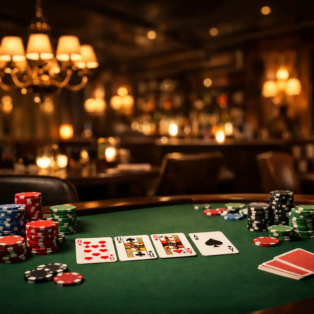 Stół pokerowy z kartami i żetonami w klimatycznej restauracji Savory Lounge