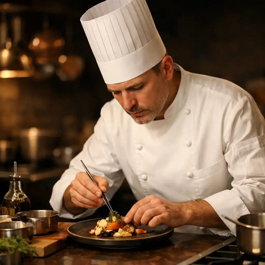 Szef kuchni Savory Lounge przy stanowisku pracy w ciepłym świetle