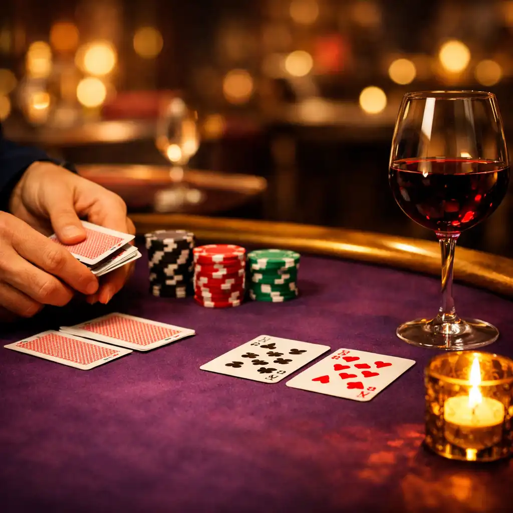 Stół pokerowy w przygaszonym świetle restauracji z kartami, żetonami, kieliszkiem czerwonego wina i świecą