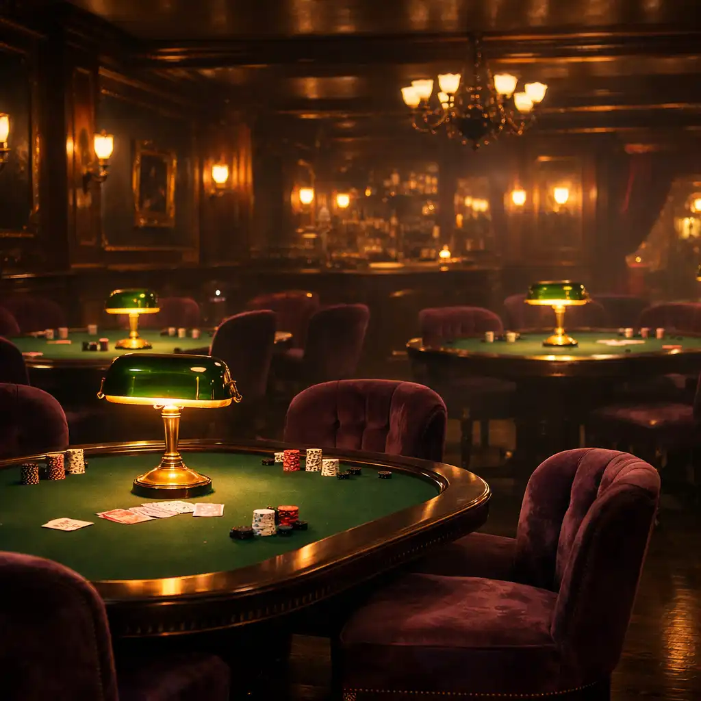 Eleganckie wnętrze restauracji Savory Lounge przygotowane na wieczór pokerowy z ciemnymi stołami, mosiężnymi lampami i fioletowymi krzesłami