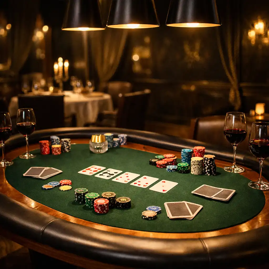 Stół do pokera w eleganckiej sali Savory Lounge z kartami, żetonami i kieliszkami wina