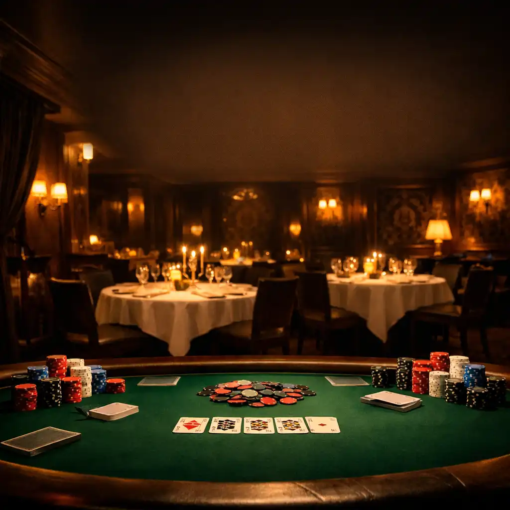 Eleganckie wnętrze restauracji Savory Lounge wieczorem z ciepłym złotym światłem i stołem pokerowym
