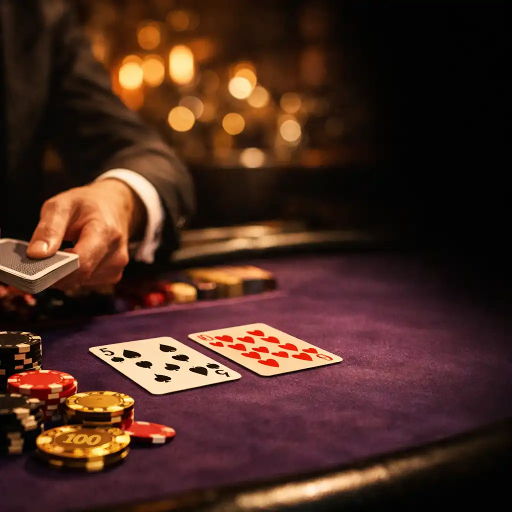 Zbliżenie na stół pokerowy w ciemnej restauracji z kartami i żetonami w ciepłym świetle