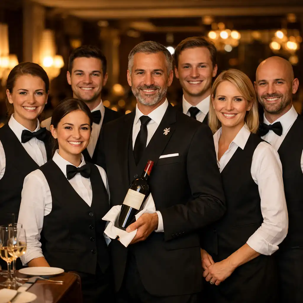 Zespół kelnerów i sommelierów Savory Lounge w eleganckich strojach